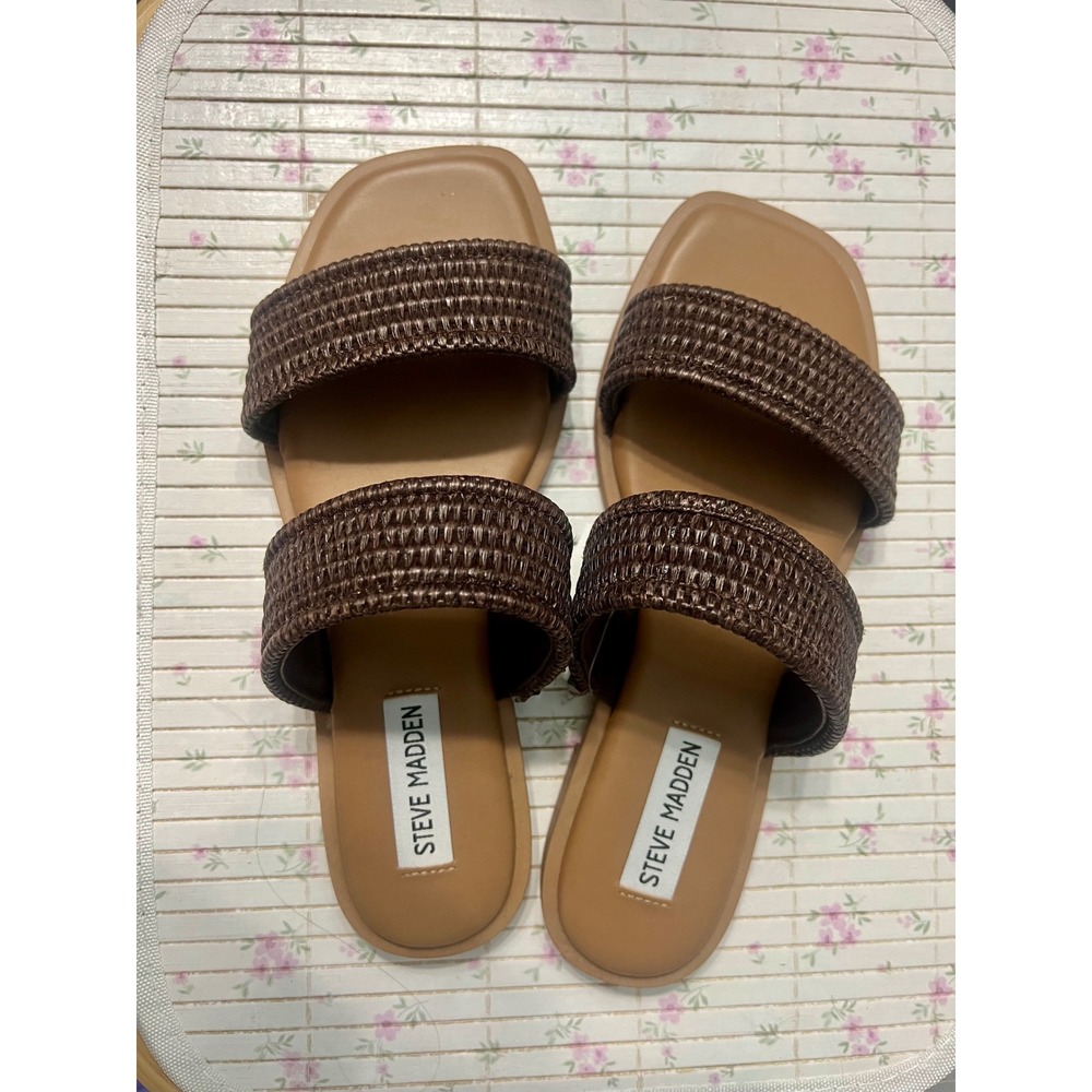 Steve Madden Woven Double Strap Slide Sandals 7.5 Brown Square Toe Flat Summer
